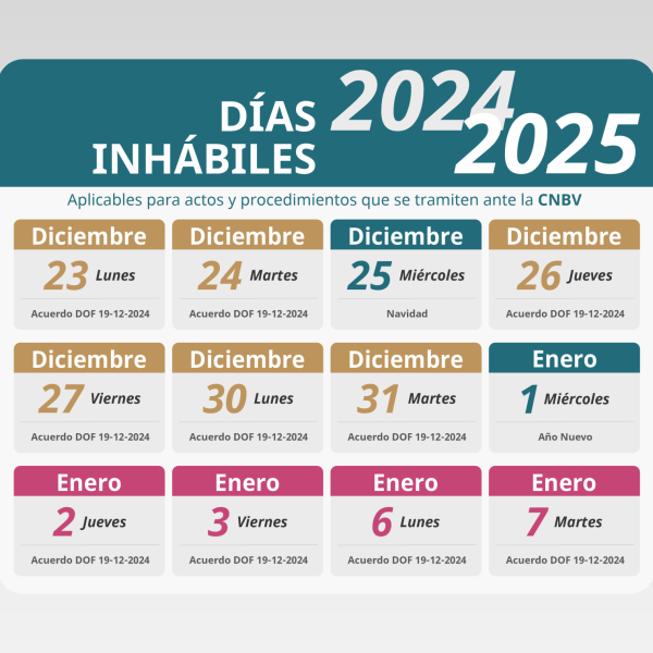 Días inhábiles de actos y procedimientos ante la CNBV 2024-2025