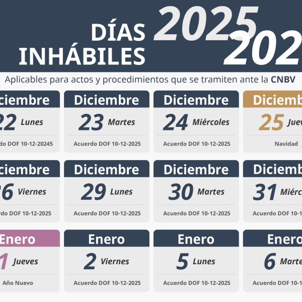 D&iacute;as inh&aacute;biles de actos y procedimientos ante la CNBV 2025-2026